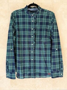 Talbots Navy and Green Plaid Ruffle-Trim Button-Down Shirt Size 16 NWOT